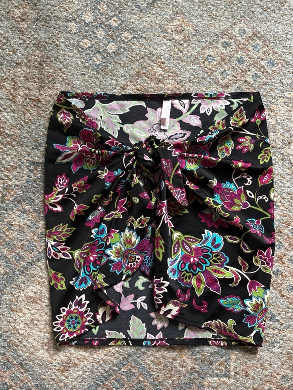 Victoria's Secret Black Floral Tie-Front Swim Sarong with Pink & Teal Accents